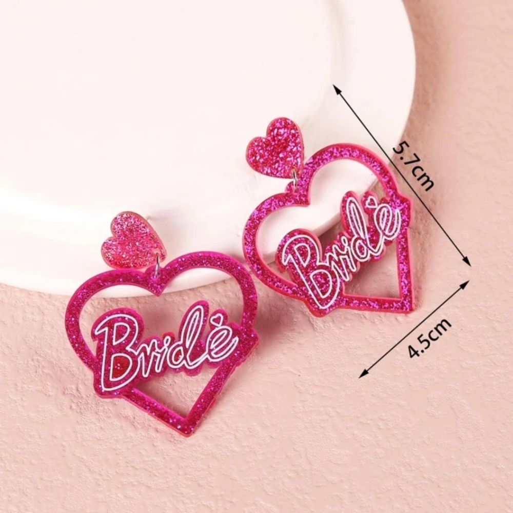 Bride Heart Drop Earrings - Hot Pink Glitter - Picture 2 of 6